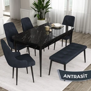 Concept Eta Serisi 80 x 132 cm Açılabilir Mdf Mutfak Masa Takımısiyah Mermer Desen Masa 4 Sandalye ve 1 Bench