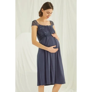 Lacivert Dantelli Önü Düğmeli Hamile Lohusa Gecelik