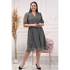 Neşeli Butik Kadın Kruvaze Yaka Midi Boy Büyük Beden Desenli Şifon Elbise NB80622