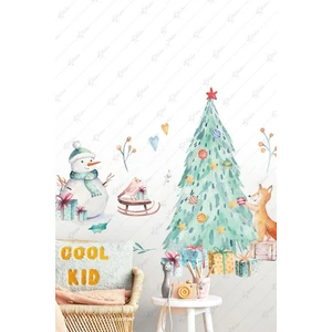 Yılbaşı Ağacı ve Sevimli Hayvanlar Cam Duvar Sticker Seti, Yılbaşı Sticker Yılbaşı Süsü