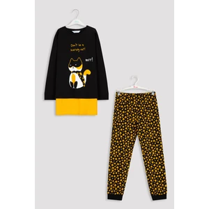 Siyah Erkek Çocuk Kedi Baskılı Pijama Takımı