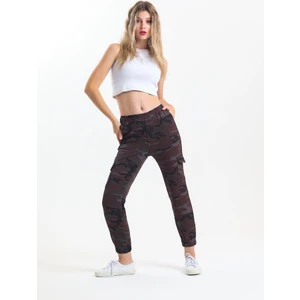 Bordo Beli Lastikli Kargo Cepli Dar Paça Kamuflaj Pantolon (Bir Beden Büyük Alınız)
