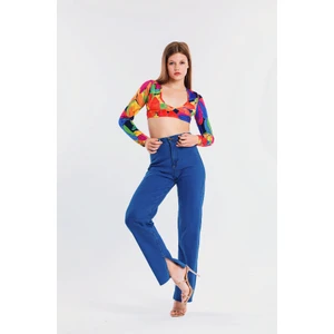 Mavi Bol Paça Yırtmaçlı Kot Pantolon Flare Jean