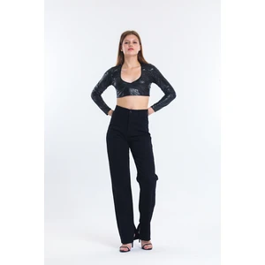 Siyah Bol Paça Yırtmaçlı Kot Pantolon Flare Jean