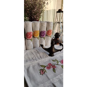 Z&N Style Çeyizlik 50 x 90  cm. Jakarlı Kanaviçe Nakışlı Lüks Havlu Seti 6'Lı