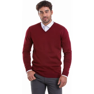 Erkek Bordo Regular Fit Yünlü Düz V  Yaka Triko Kazak