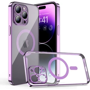 M.TK Moveteck Iphone Apple 14 Pro Max Uyumlu 6.7inç Kılıf Magsafe Halkalı Gbox Kamera Lens Korumalı Parlak Şeffaf Silikon Derin Mor Magnetik Wireless Şarj Özellikli Parlak Mor Kenarlı