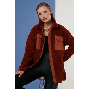 Oversize Suni Kürklü Gömlek Yaka Cepli Kışlık Ceket Bayan Ceket 42190487