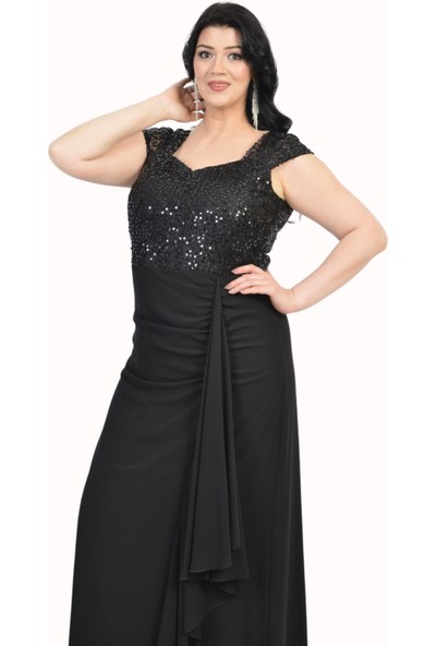 Lilas Xxl Büyük Beden Siyah Renkli Uzun Pul Payet Detaylı Şifon Elbise