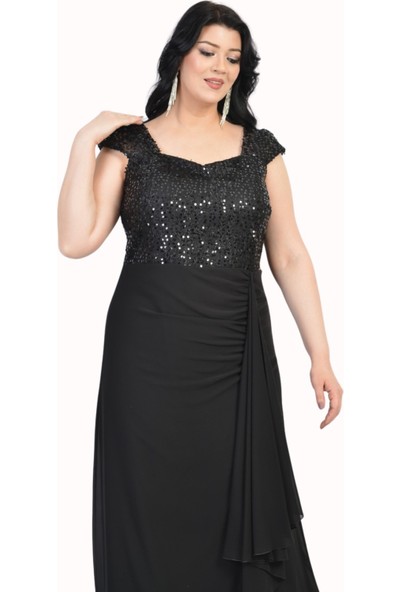Lilas Xxl Büyük Beden Siyah Renkli Uzun Pul Payet Detaylı Şifon Elbise