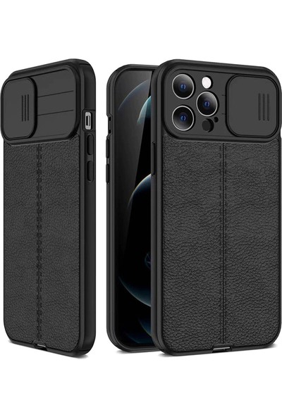 Fibaks Apple iPhone 14 Pro Max Kılıf Sürgülü Kamera Korumalı Deri Görünümlü Dikiş Desenli Leke Tutmaz Kapak