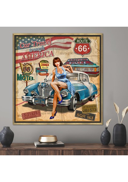 1 Parça Gold Çerçeveli Kanvas Tablo, Amerika Sanat, Amerikan Arabası Kanvas Dekor,