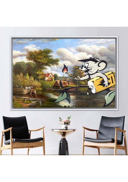 1 Parça Beyaz Çerçeveli Kanvas Tablo, Banksy Yağlı Yağ Jerry, Banksy Köyü Kanvas Baskı,
