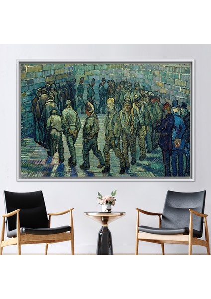 1 Parça Beyaz Çerçeveli Kanvas Tablo, Van Gogh Tarafından Egzersiz Yapan Mahkumlar, Oil Kanvas,