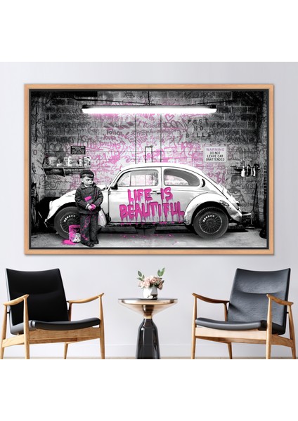 1 Parça Naturel Çerçeveli Kanvas Tablo, Bay Brainwash Vw Beetle, Pembe Kanvas,