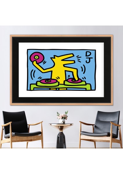 1 Parça Naturel Çerçeveli Kanvas Tablo, Keith Haring Dj, Müzikgrafiti Duvar Dekoru,
