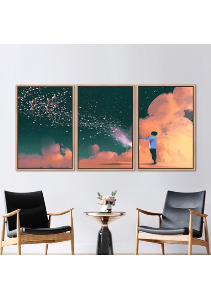 3 Parçalı Naturel Çerçeveli Kanvas Tablo, Fenerli Çocuk, Yıldızlı Gökyüzü Posteri,