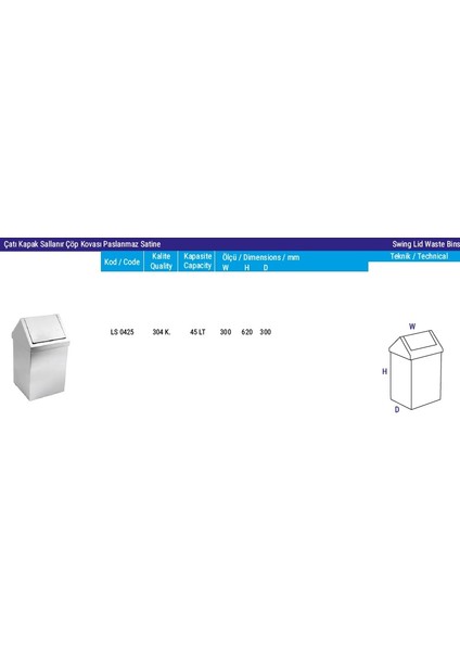 Çatı Kapak Sallanır Çöp Kovası Paslanmaz 45 Litre Ls 0425