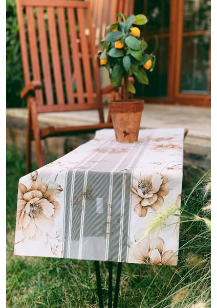 Krem Çiçekli Lazer Kesim Modern Runner