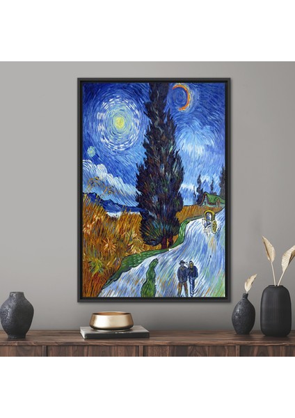 1 Parça Siyah Çerçeveli Kanvas Tablo, Selvi ve Yıldız Ile Yol, Gece Manzarası Kanvas Baskı,