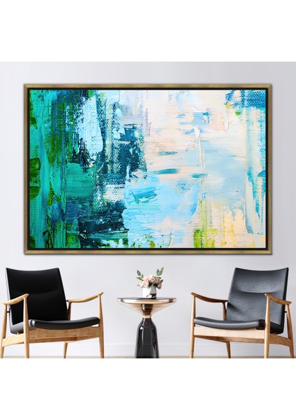 1 Parça Gold Çerçeveli Kanvas Tablo, Mavi ve Yeşil Resim, Modern Soyut Sanat Eseri,