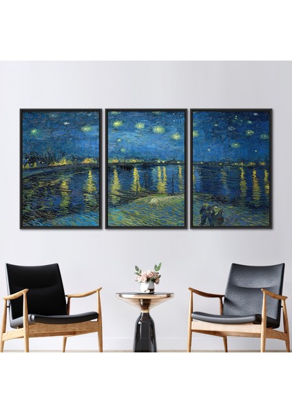 3 Parçalı Siyah Çerçeveli Kanvas Tablo, Rhone Üzerinde Yıldızlı Gece, Van Gogh Sergisi Sanat Eseri,