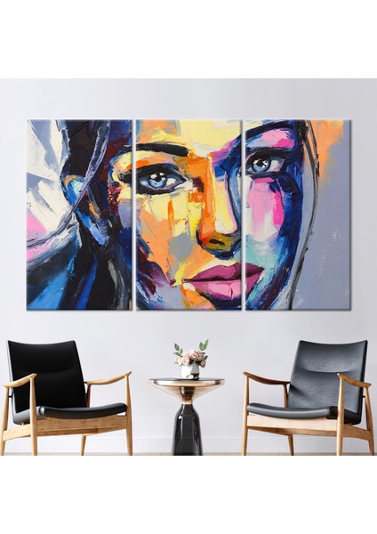 3 Parçalı Kanvas Tablo, Kadın Portre Resim, Kadın Yüz Posteri, Soyut Kadın Kanvas, Soyut Hediye Kanv
