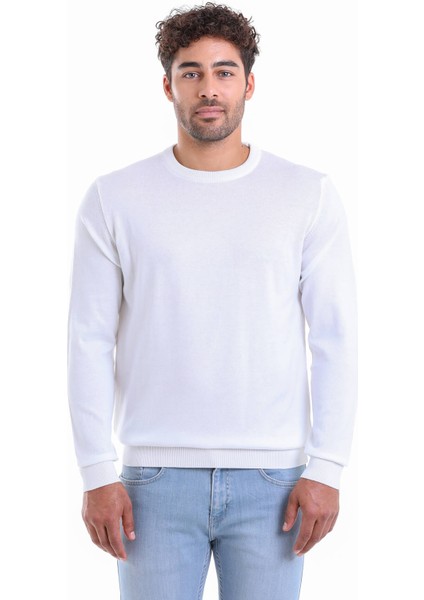 Erkek Ekru Regular Fit %100 Pamuk Bisiklet Yaka Triko Kazak