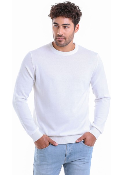 Erkek Ekru Regular Fit %100 Pamuk Bisiklet Yaka Triko Kazak