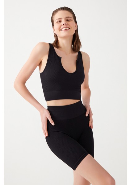 Los Ojos Kadın Siyah Askılı Fitilli Crop Top Büstiyer Scoop