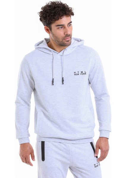 Erkek Gri Regular Fit Pamuklu Kapüşonlu Sweatshirt