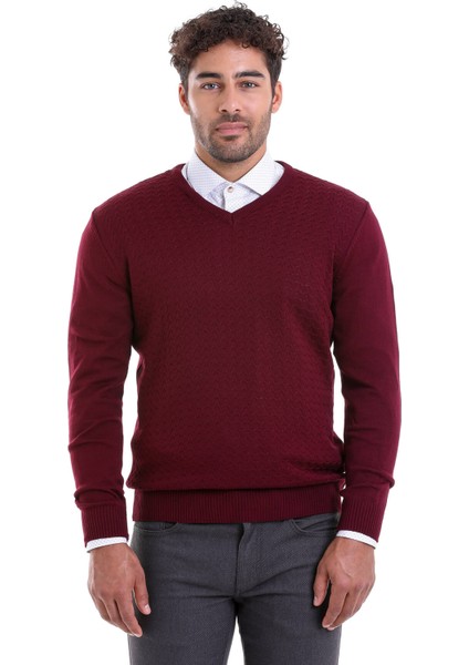 Erkek Bordo Regular Fit Desenli V Yaka Triko Kazak