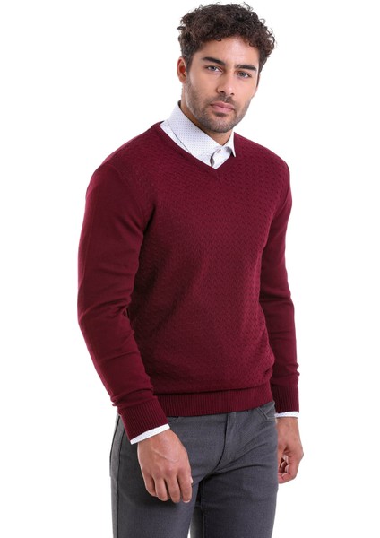 Erkek Bordo Regular Fit Desenli V Yaka Triko Kazak