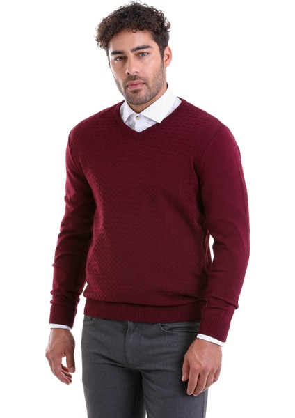 Erkek Bordo Regular Fit Desenli V Yaka Triko Kazak