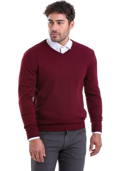 Erkek Bordo Regular Fit Desenli V Yaka Triko Kazak