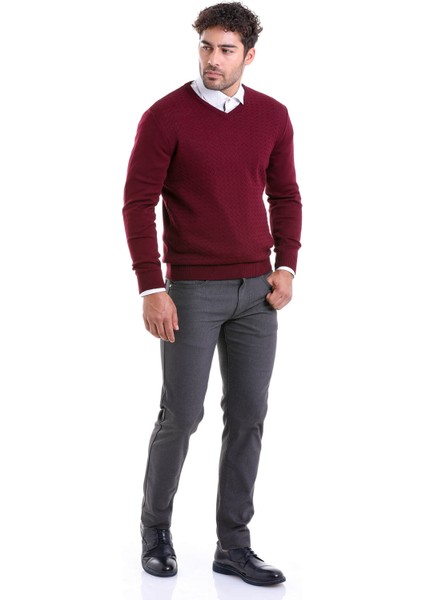 Erkek Bordo Regular Fit Desenli V Yaka Triko Kazak