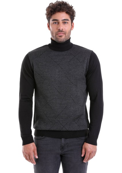 Erkek Siyah Regular Fit Yünlü Desenli Balıkçı Yaka Triko Kazak