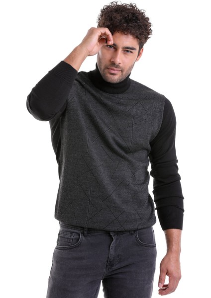 Erkek Siyah Regular Fit Yünlü Desenli Balıkçı Yaka Triko Kazak fiyatları