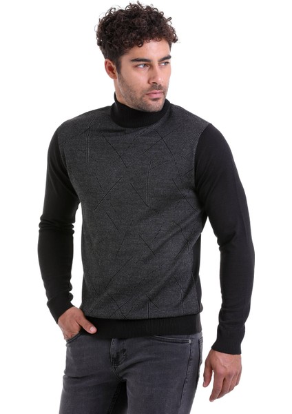 Erkek Siyah Regular Fit Yünlü Desenli Balıkçı Yaka Triko Kazak modelleri