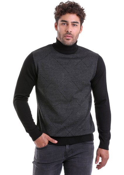Erkek Siyah Regular Fit Yünlü Desenli Balıkçı Yaka Triko Kazak fırsatları