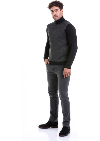 Erkek Siyah Regular Fit Yünlü Desenli Balıkçı Yaka Triko Kazak indirimleri