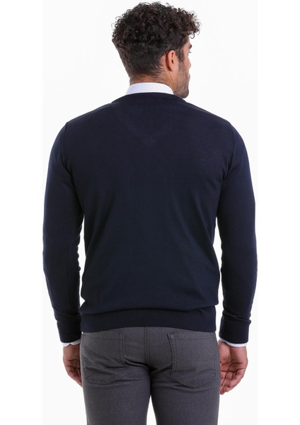 Erkek Lacivert Regular Fit Yünlü Düz V Yaka Triko Kazak