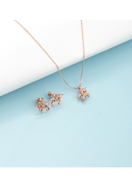 925 Ayar Gümüş Taşlı Unicorn Kolye Küpe Set ( Rose )