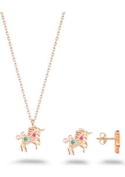 925 Ayar Gümüş Taşlı Unicorn Kolye Küpe Set ( Rose ) fiyatları