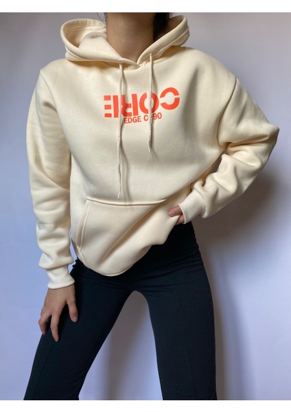 Kadın Krem Oversize Baskılı Içi Pamuklu Sweatshirt