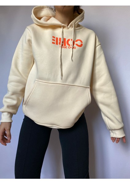 Kadın Krem Oversize Baskılı Içi Pamuklu Sweatshirt