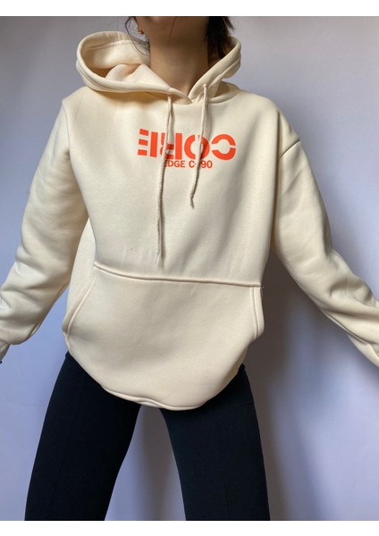 Kadın Krem Oversize Baskılı Içi Pamuklu Sweatshirt