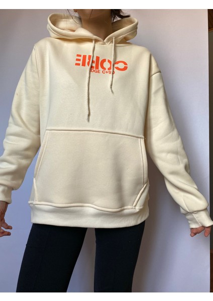 Kadın Krem Oversize Baskılı Içi Pamuklu Sweatshirt