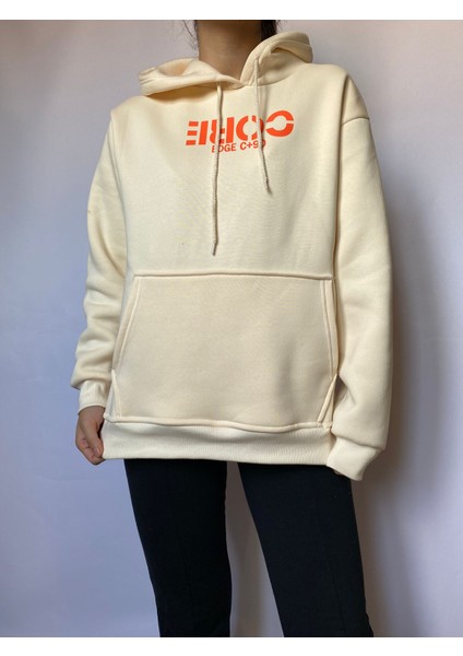 Kadın Krem Oversize Baskılı Içi Pamuklu Sweatshirt