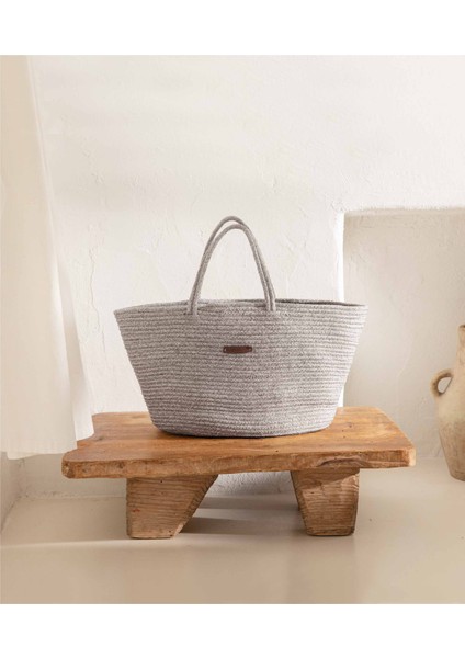 Cesta El Yapımı Pamuklu Gri Hasır Çanta Plaj Gündelik Dekoratif Çanta 26x57cm